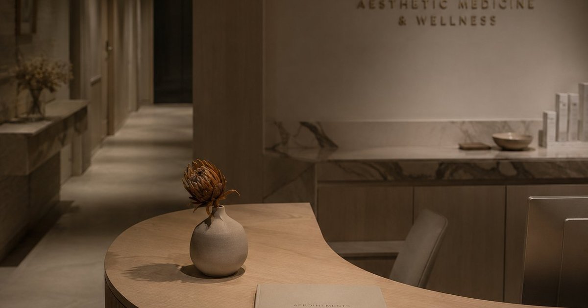 Empty medspa reception desk at night with appointment book and dried flower