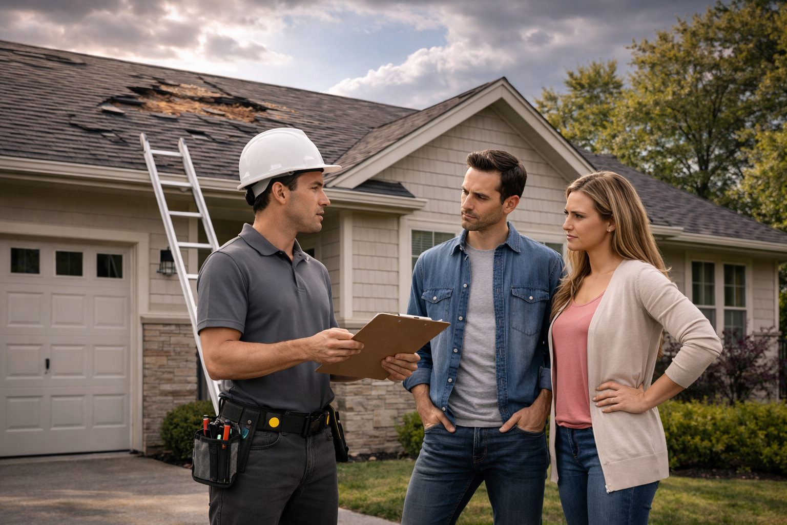 Roofing contractor speaking with a concerned homeowner outside a house with visible roof damage